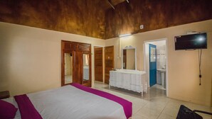 A bedroom with a bed, a dresser, a mirror, and a television. - Villa Montego Sleeps 18 with Pool (montego Bay)