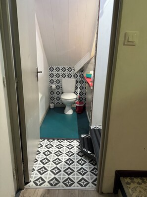 Un baño estrecho con inodoro, baldosas estampadas y piso color turquesa.
