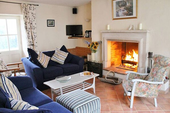 Smart TV, fireplace, DVD player, books