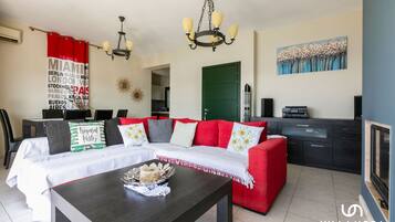 Smart TV, fireplace, DVD player, music library