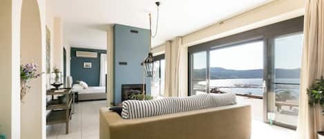 Smart TV, chimenea, reproductor de DVD y biblioteca musical