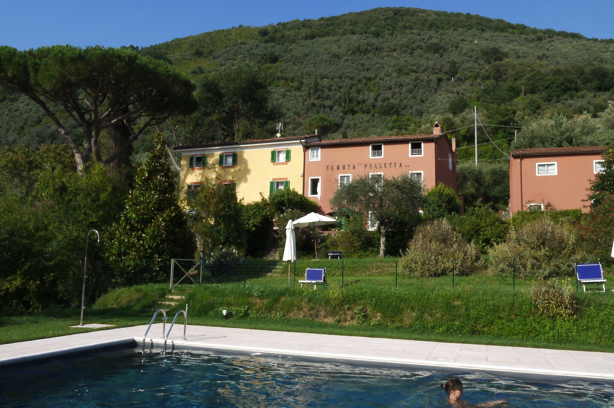 A swimming pool with a clear view of a building labeled "TENUTA 'POLLETTA'' in the background.