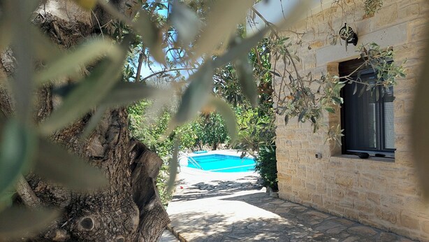 A stone pathway leading to a pool area with a stone building on the right. - Villa Elia is situated in a quiet area, surrounded by olive trees with a private (Πιτσίδια)