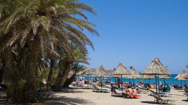A beach with palm trees, thatched umbrellas, and sun loungers. - The old cheese hut Su (Ζου)