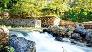 A stone wall with a small waterfall, surrounded by greenery and rocks. - The old cheese hut Su (Ζου)
