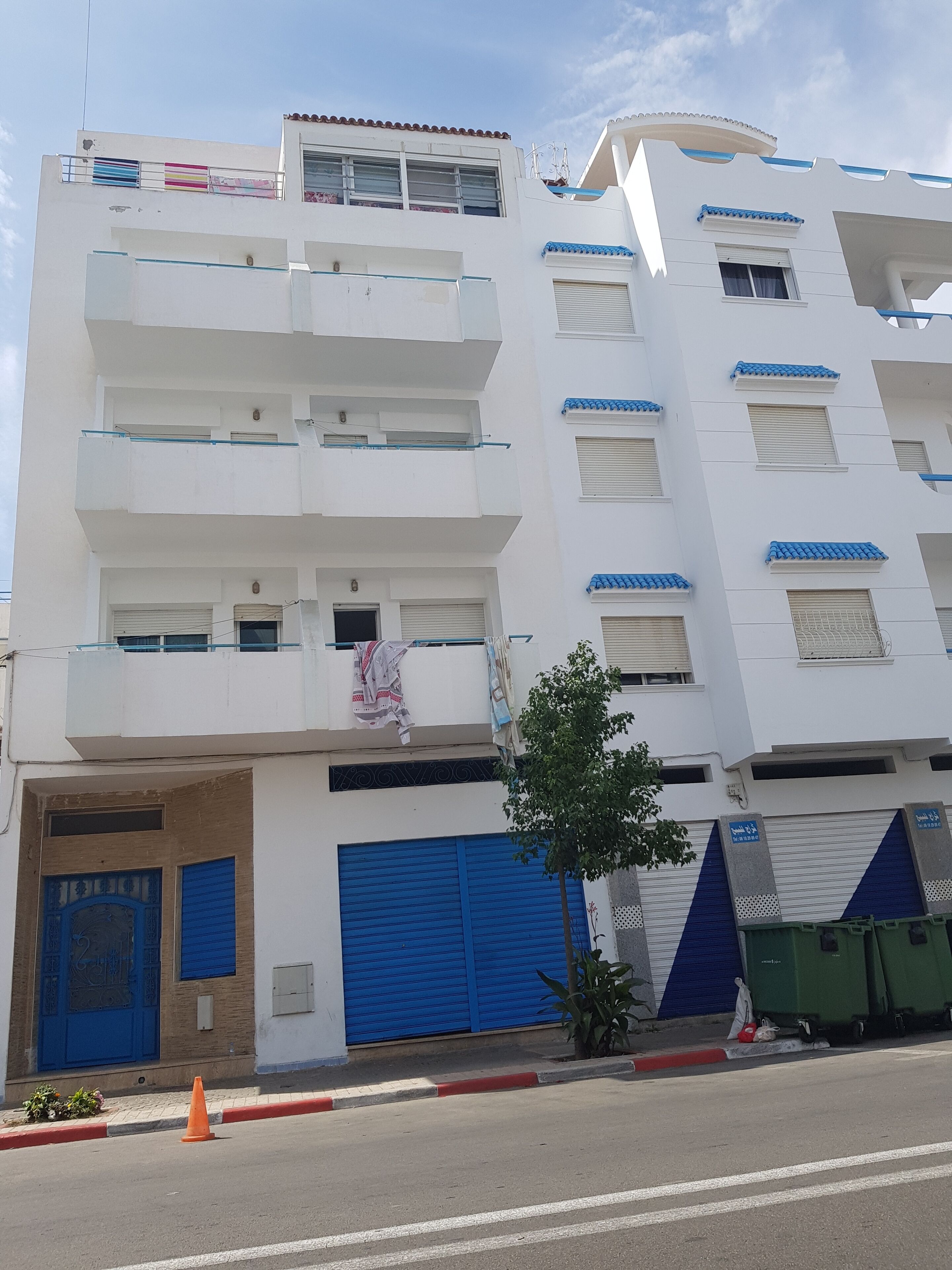 Un edificio de varios pisos con balcones, una puerta azul y un árbol en frente.