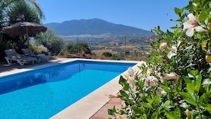 A swimming pool with a mountain view, surrounded by greenery and a thatched umbrella.
