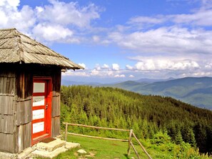 Una cabaña rústica de madera con puerta roja, rodeada por una valla de madera, con vistas a un bosque denso y montañas lejanas.