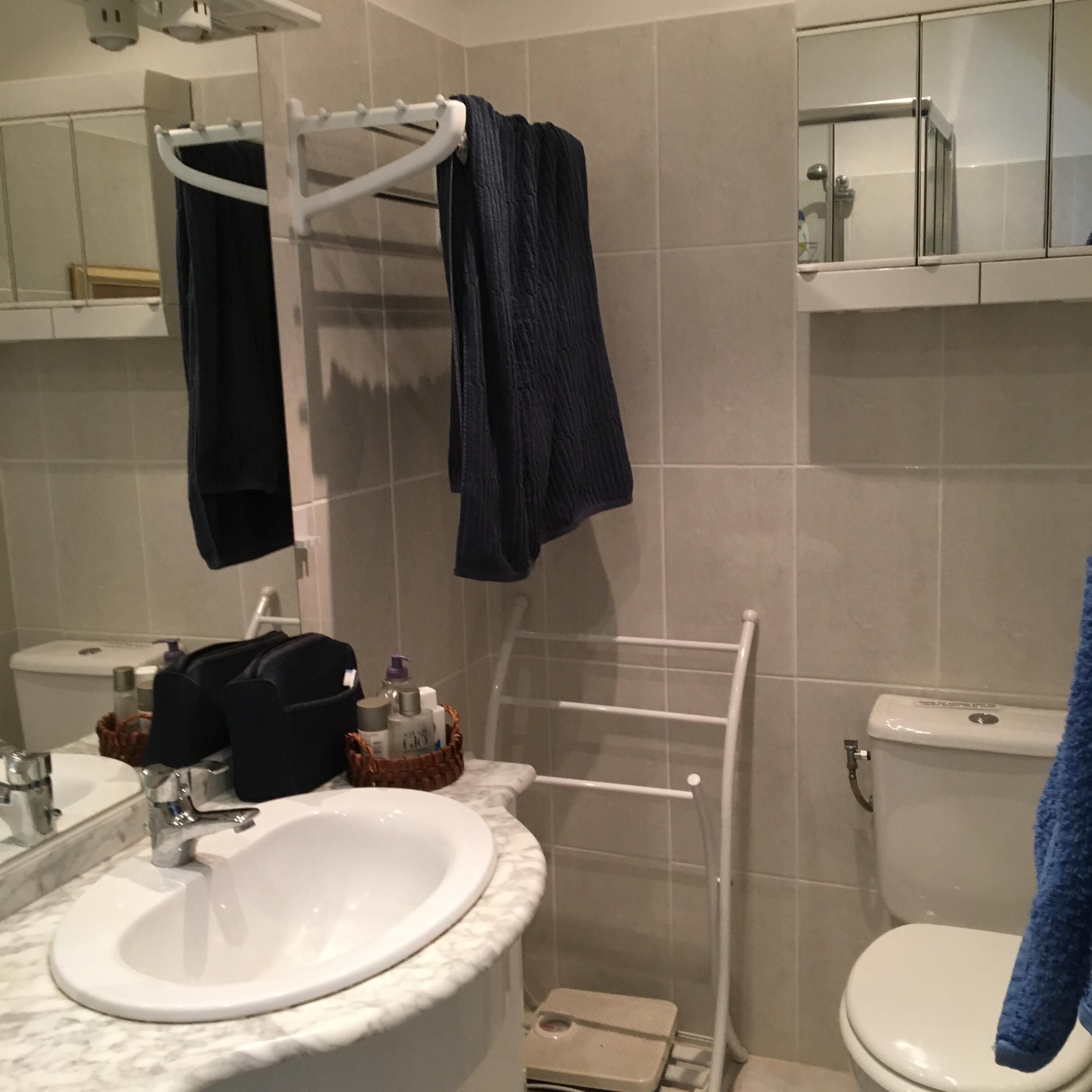 Ein Badezimmer mit Waschbecken, Toilette und Handtuchhalter.