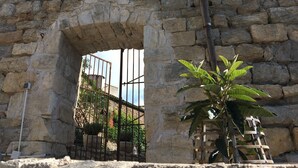 A stone archway with a metal gate, a potted plant, and a metal structure.