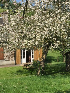 A rustic stone building with wooden shutters, a wooden door, and a small porch area. - Small house o waterfront. (Valdallière)