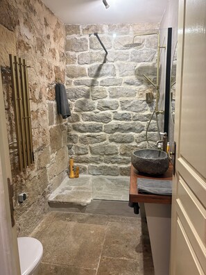 Shower, hair dryer, towels, soap