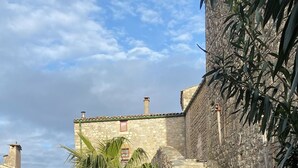 Una escalera de piedra que conduce a un edificio de fachada de piedra, rodeado de macetas con plantas y una palmera.