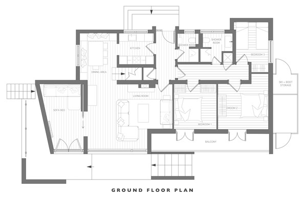 Plano de planta de un hotel en la planta baja, que incluye un comedor, cocina, sala de estar, dos dormitorios, un baño con ducha y un balcón.