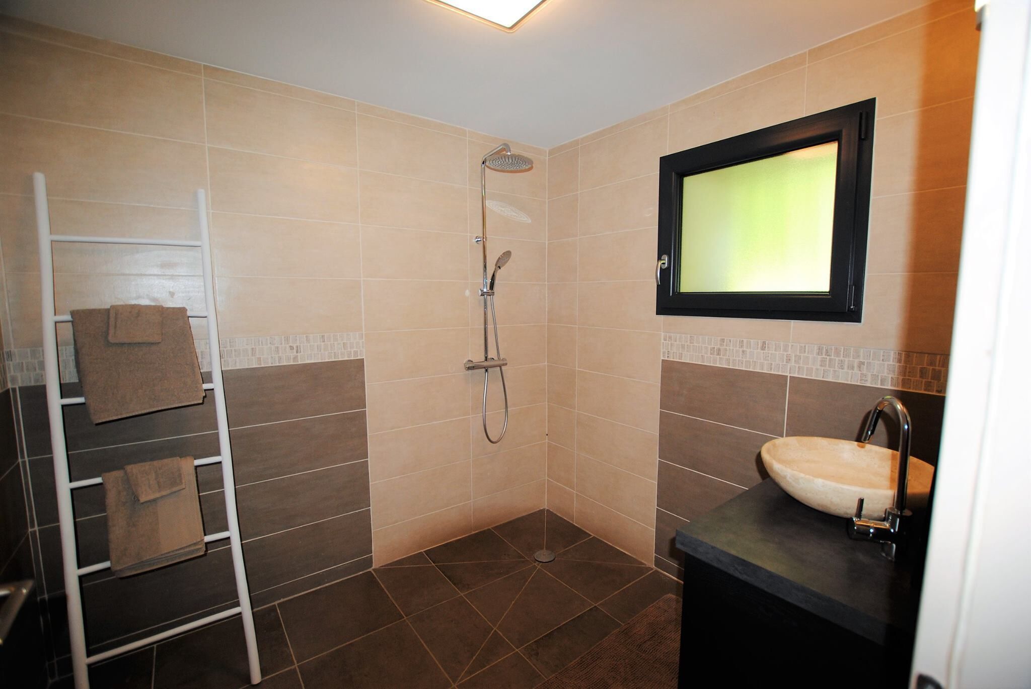 Shower, towels, soap, toilet paper