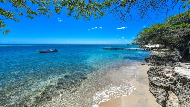 On peut clairement voir une plage avec un rivage rocheux, une jetée qui s’avance dans l’eau et un bateau ancré près du rivage.