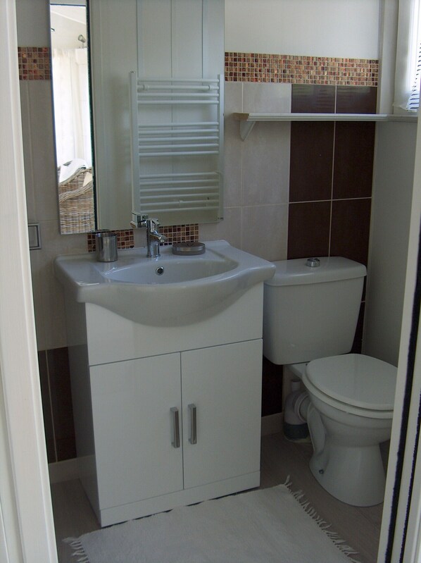 A bathroom with a white sink, mirror, and toilet.
