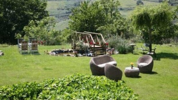 Un espace extérieur verdoyant, aménagé avec des sièges et doté d’une structure en bois.