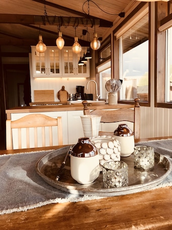 Fridge, oven, stovetop, coffee/tea maker. Múlakot 3 - Cosy cabin with a sauna and panoramic view from the living room