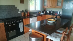 Een moderne keuken met een centraal eiland, roestvrijstalen apparatuur, houten kasten en een groot raam dat zorgt voor veel daglicht.