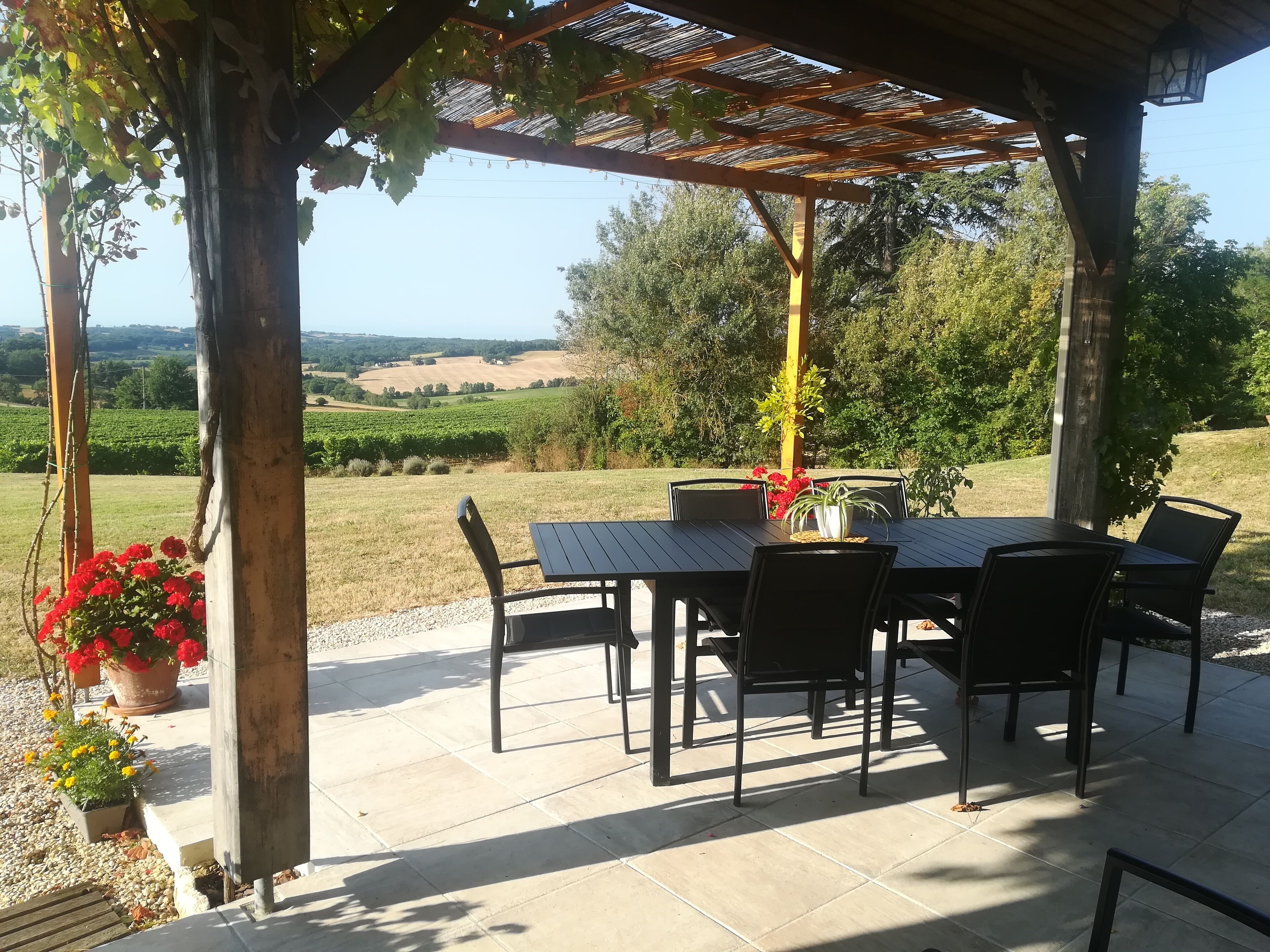An outdoor patio with a pergola, a table with chairs, and a view of a vineyard.