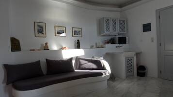 Smart TV, fireplace, books, music library