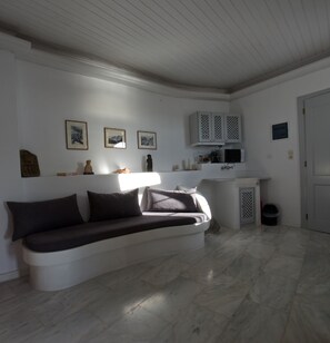 Smart TV, chimenea, libros y biblioteca musical 