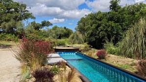 A clear blue pool with a wooden deck and surrounding greenery.
