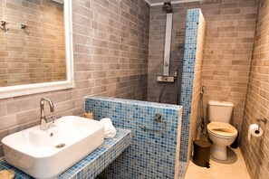 Shower, hair dryer, bidet, towels
