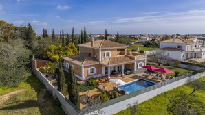 Une maison à deux étages avec une piscine, entourée de verdure et sous un ciel dégagé.
