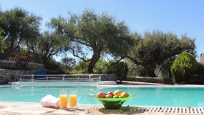 Zona de piscina con muro de piedra, una tumbona y un bol de frutas y bebidas junto a la piscina.