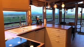 Fridge, oven, stovetop, coffee/tea maker