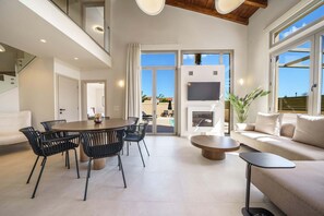 Smart TV, fireplace, video game console, DVD player