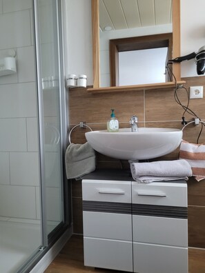Shower, hair dryer, towels, soap