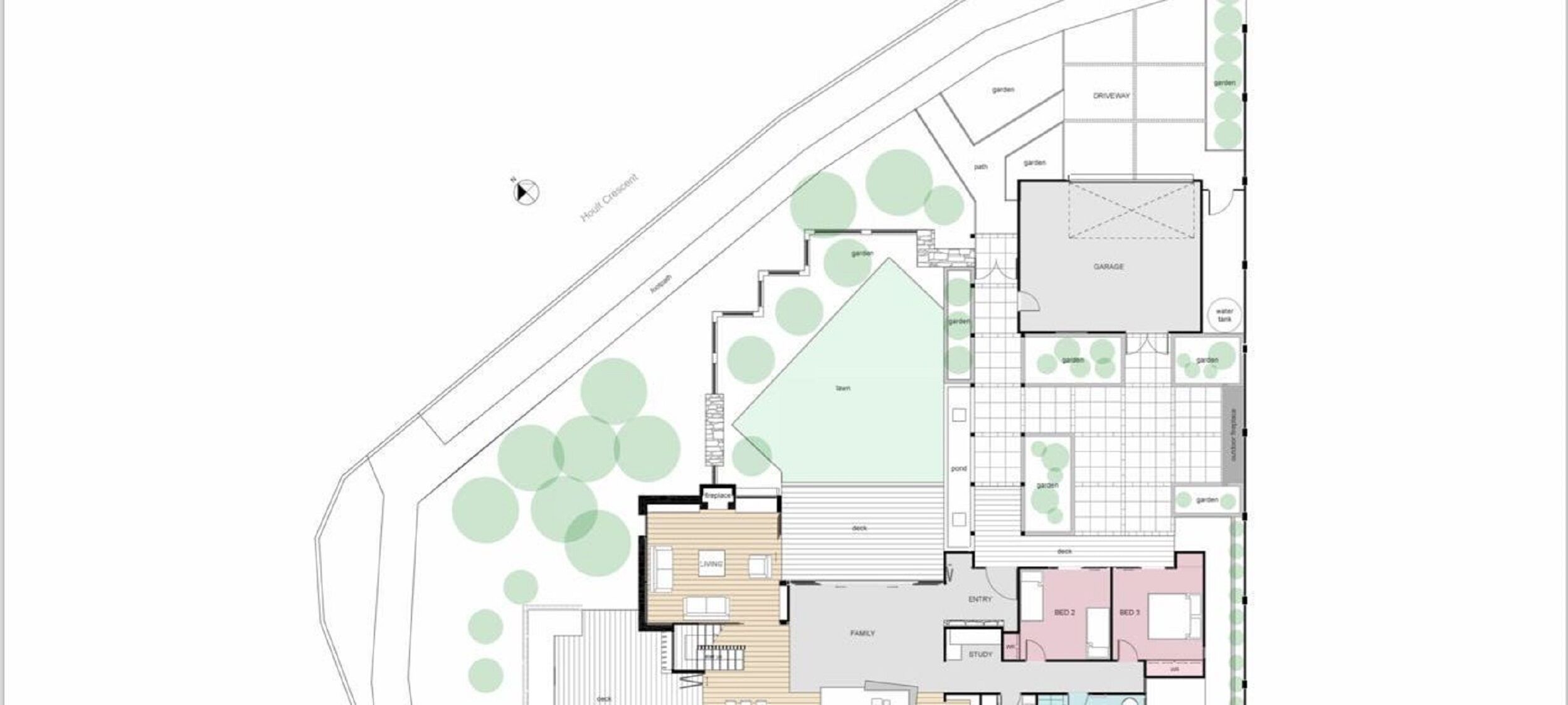 Un plan d’étage comprenant un garage, plusieurs chambres, un espace de vie et plusieurs jardins.