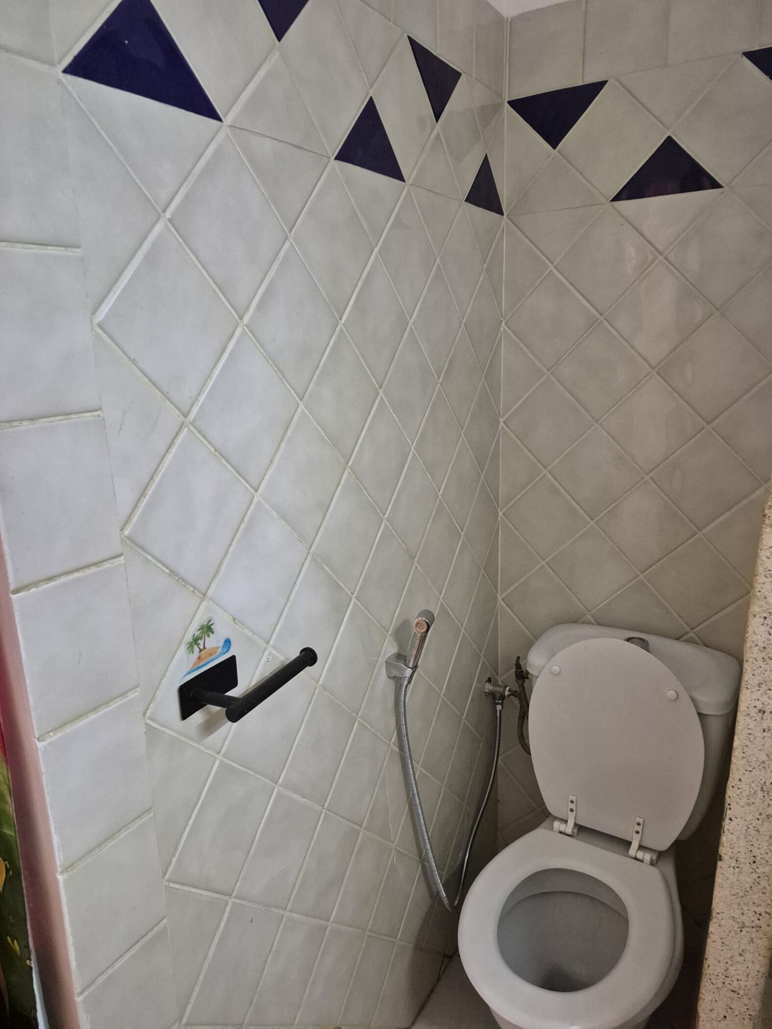A bathroom with a toilet, a shower, and a hand dryer.