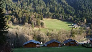 Un paysage de montagne avec un petit groupe de cabanes en bois.