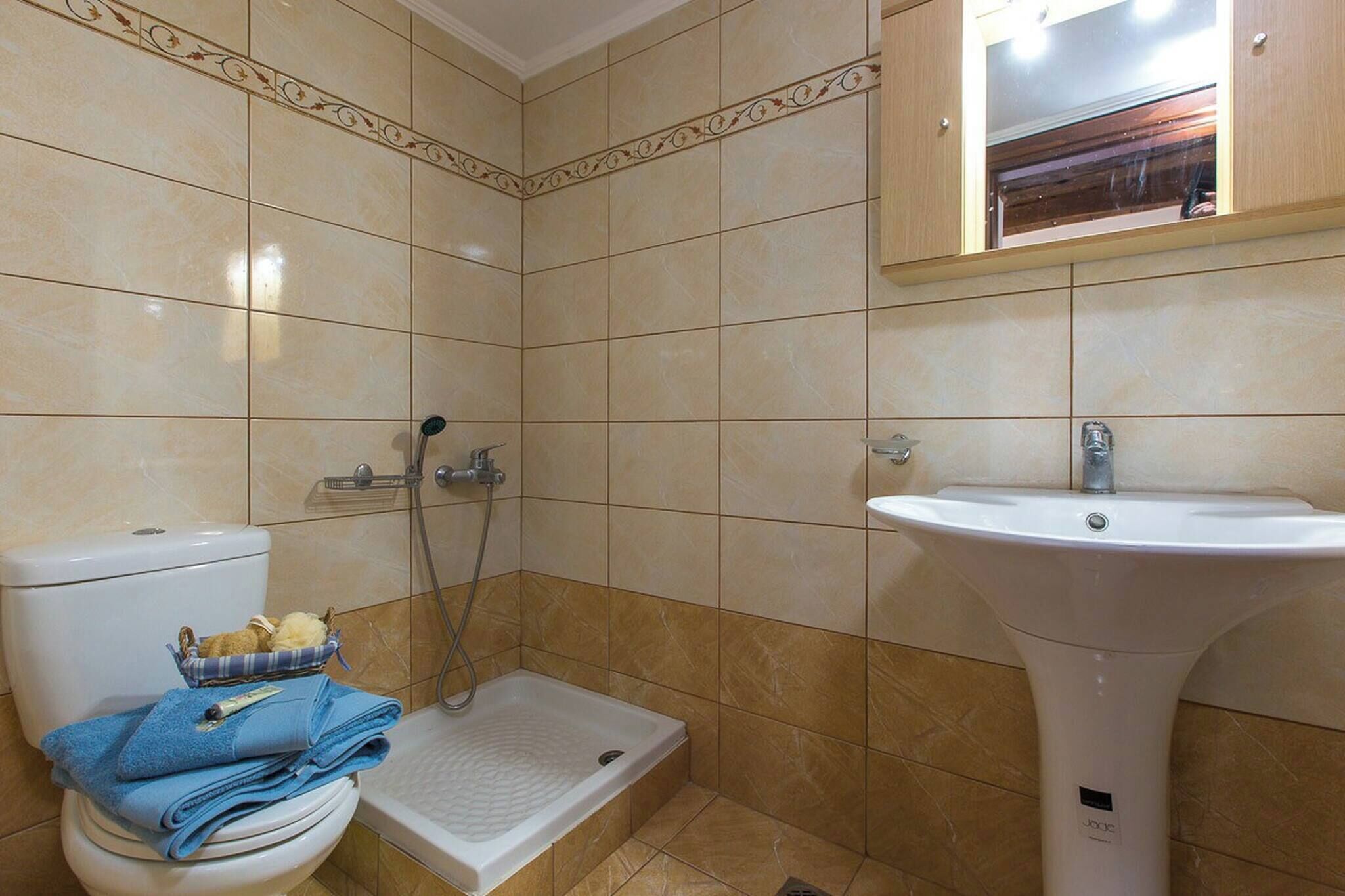 A bathroom with a toilet, shower, and sink.