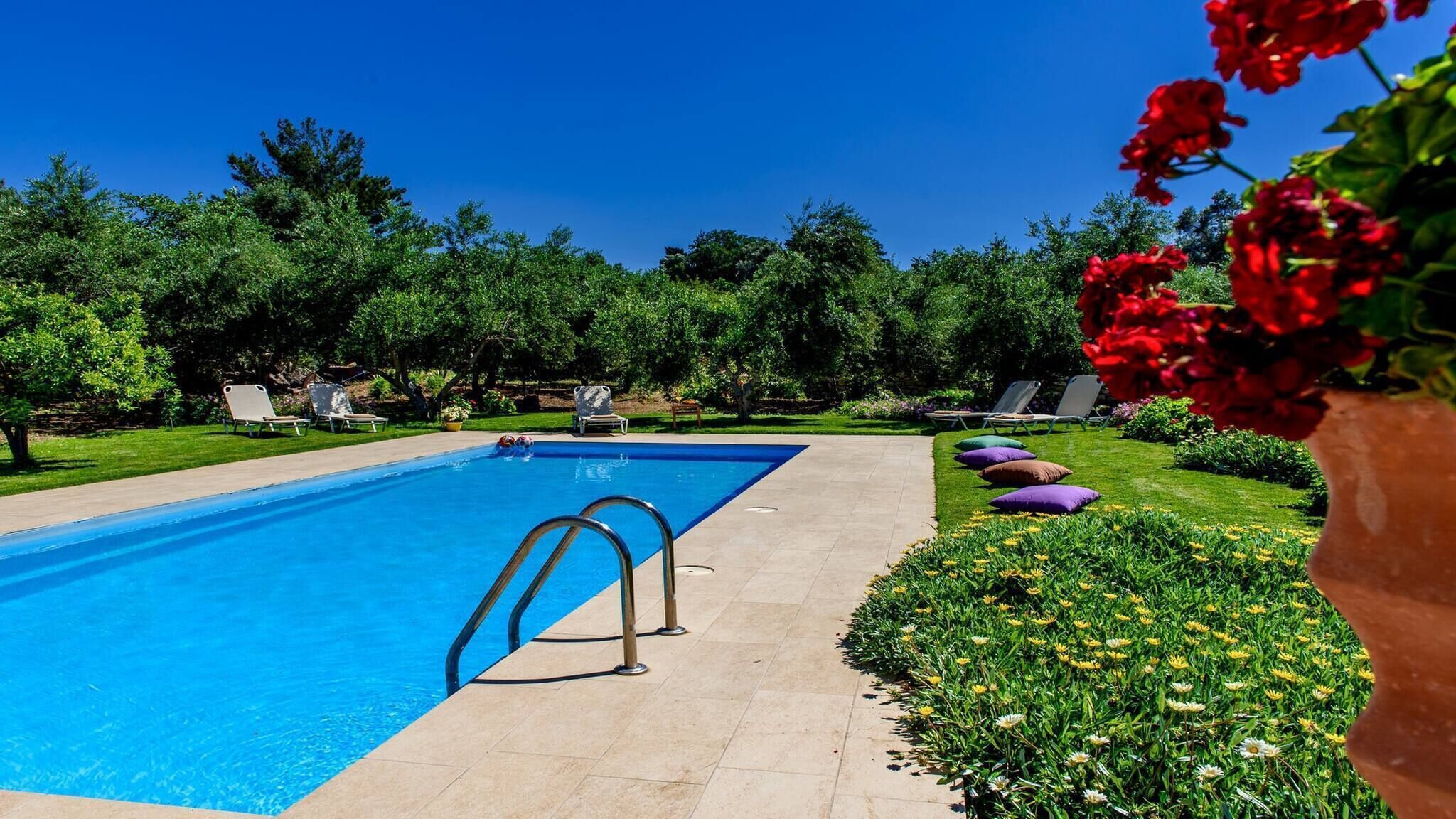 A rectangular swimming pool with a clear blue water surface, surrounded by a paved walkway.