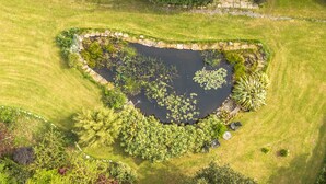 An aerial view of a heart-shaped pond surrounded by a well-maintained lawn and various shrubs. - 18th Century Mill House in a Courtyard Setting (.)