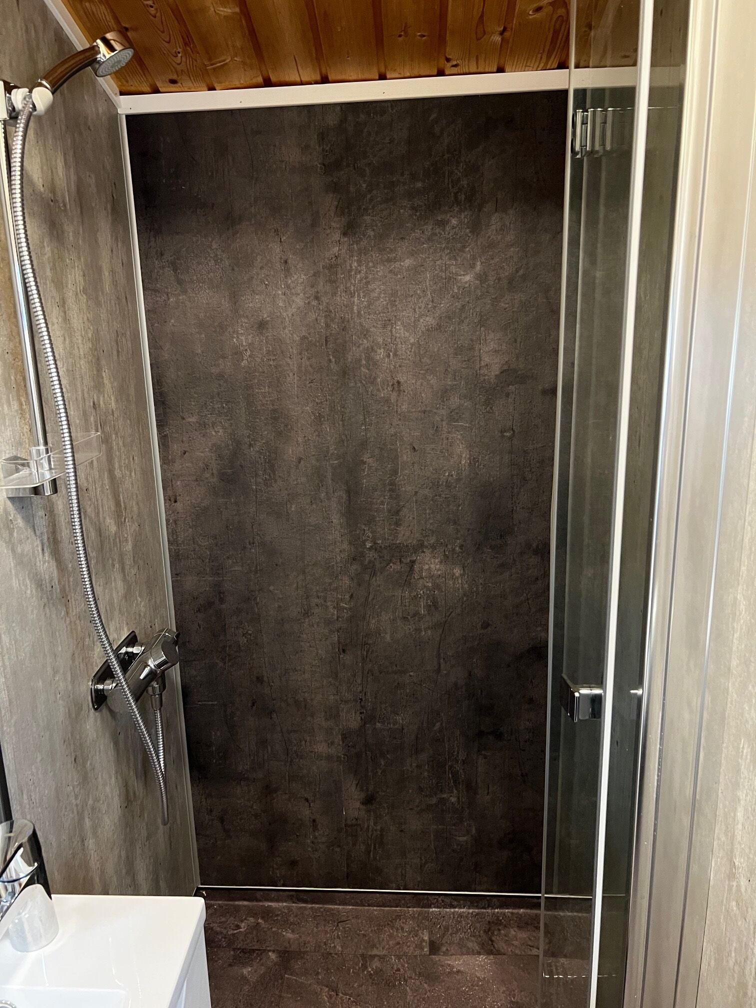 Una ducha con puerta de cristal, cabezal de ducha metálico y un rociador de mano.
