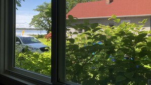 A view through a window with a red-roofed building, greenery, and a body of water in the background.
