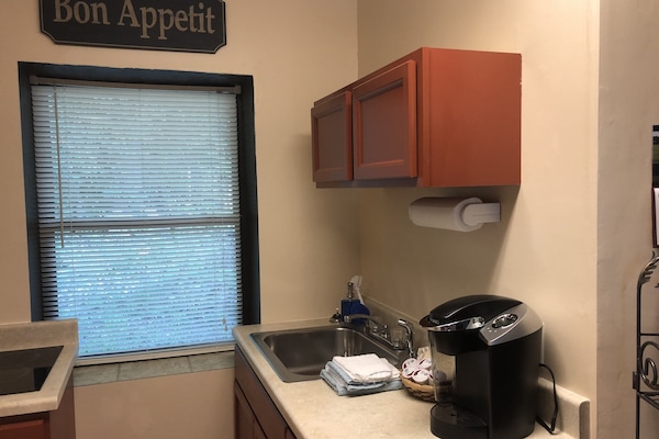 Keurig, toaster oven, crock pot, dishes, pots/pans, utensils, etc.