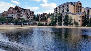 Un quartier résidentiel avec des immeubles d’appartements modernes, un espace aquatique paisible et un ciel dégagé.