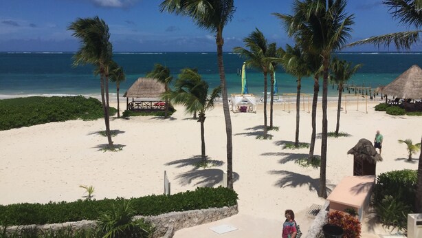 A beach with palm trees, thatched-roof huts, and a clear view of the ocean. - Apt. # 4  Bermuda Blue Beach Club (1/1) (Lauderdale by the sea)