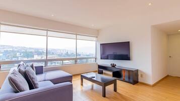 Televisio, DVD-soitin, stereot, työhuone