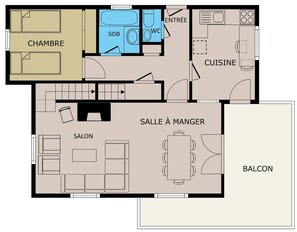 A hotel layout with a living room, kitchen, dining area, bathroom, and balcony.