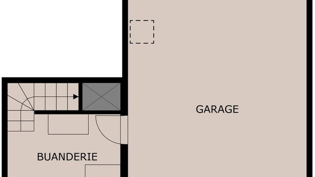 Un plan d’étage comprenant un garage et un coin cuisine désigné par la mention « BUANDERIE ».