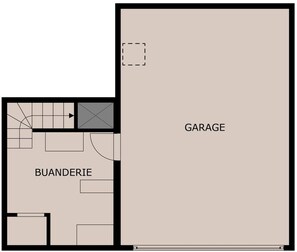 Plano de planta que muestra un garaje y una zona de kitchenette identificada como 'BUANDERIE'.