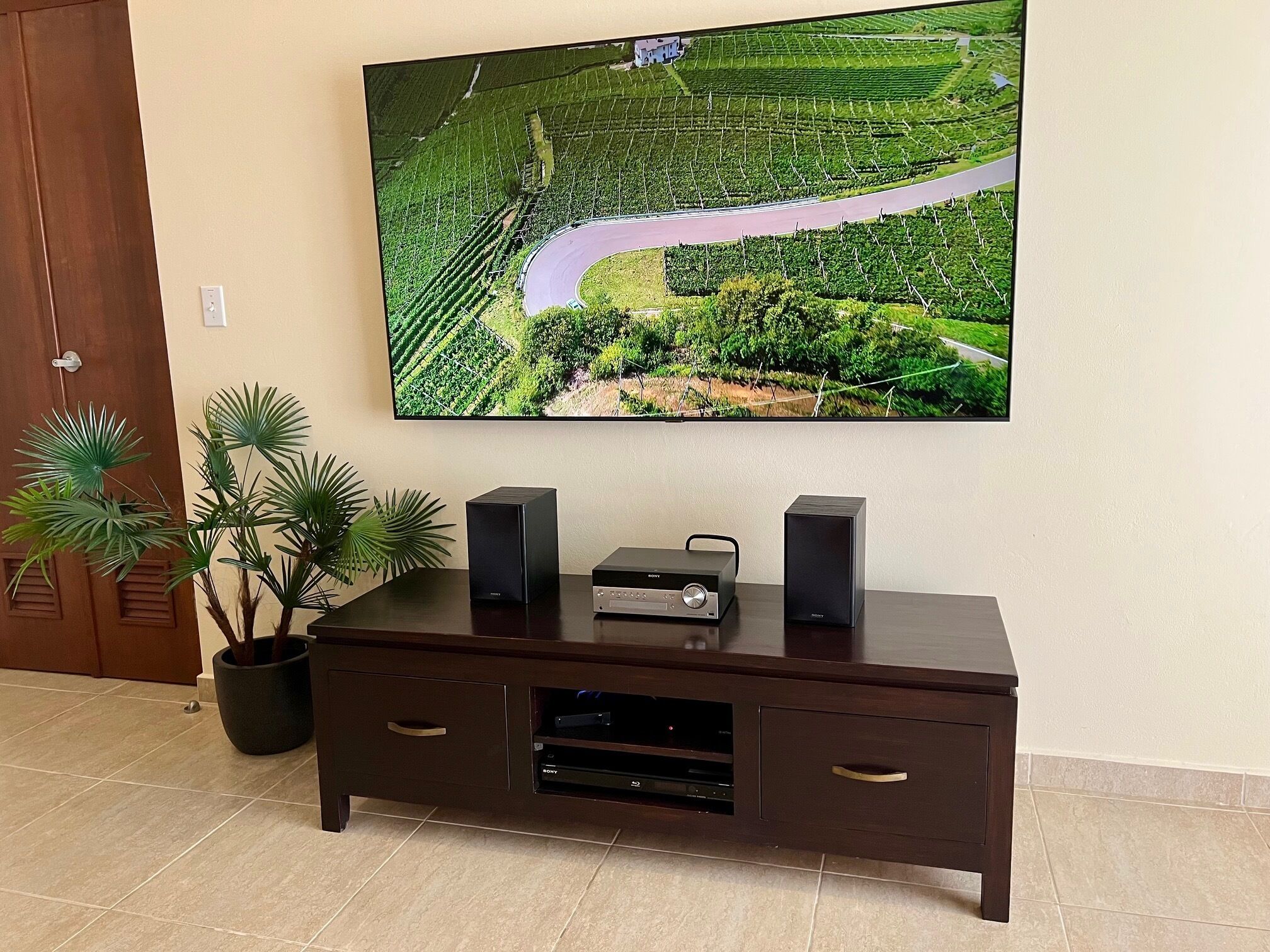 Una sala de estar con un televisor de pantalla plana montado en la pared, un mueble de entretenimiento de madera oscura con un reproductor de Blu-ray Sony y dos altavoces.